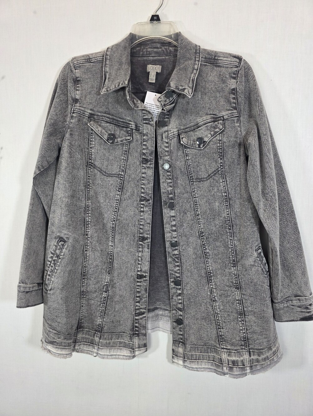 NWT LOGO Lori Goldstein Grey Acid Wash Release Hem Denim Jacket Sz 12